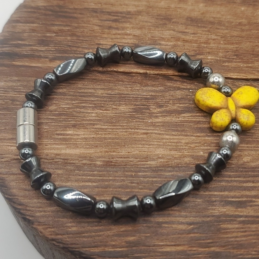 Magnetic‎ closure B2536 Hematite and turquoise yellow butterfly bracelet